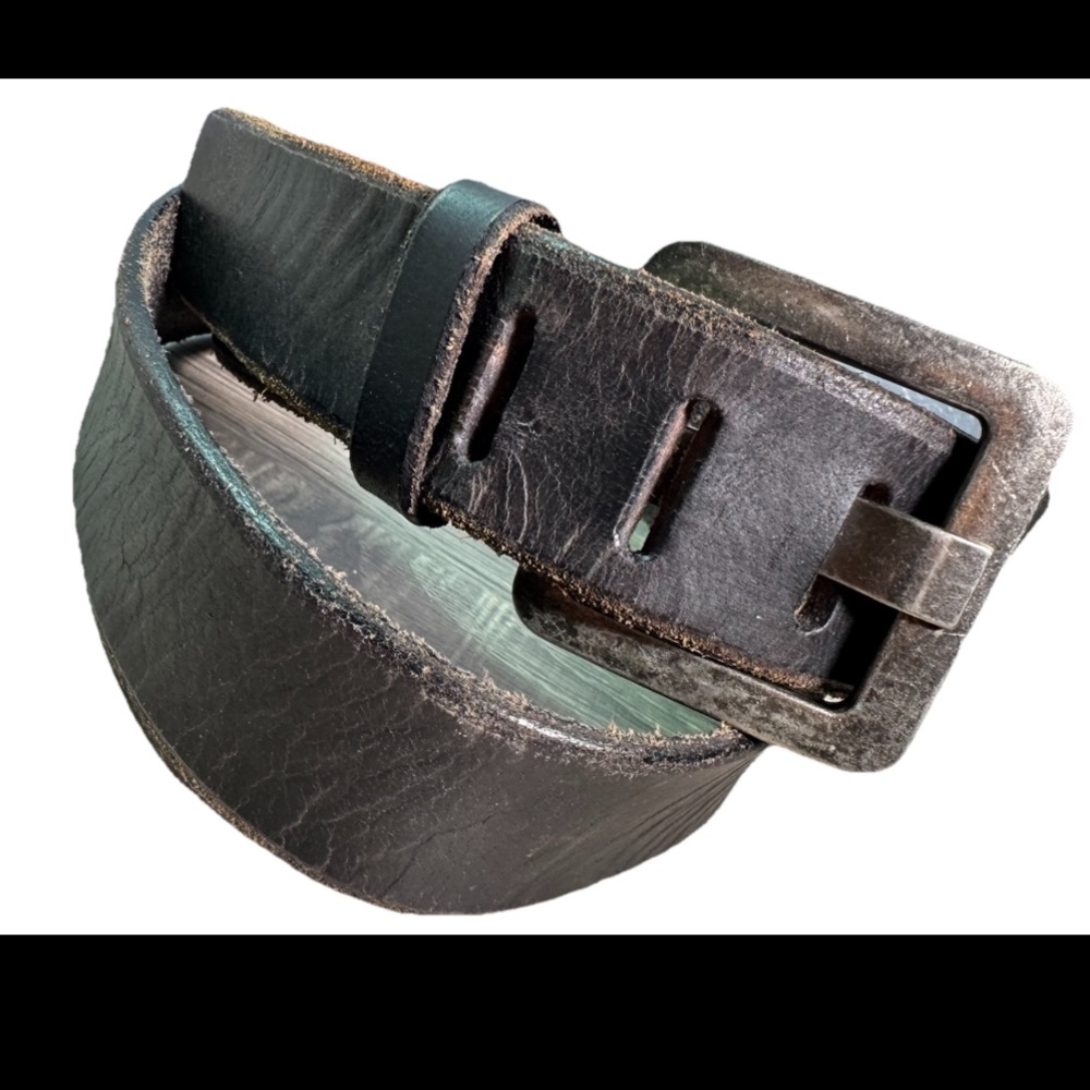 Vintage Fossil Belt Black Sz 38 Y2K Silvertone Grunge Cowhide Leather Distressed